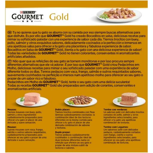 Pack 24 Gourmet Comida Húmeda Gold Bocaditos En Salsa De Salmón Y Pollo Para Gatos 5 Pack 24 Gourmet Comida Húmeda Gold Bocaditos En Salsa De Salmón Y Pollo Para Gatos - Imagen 3